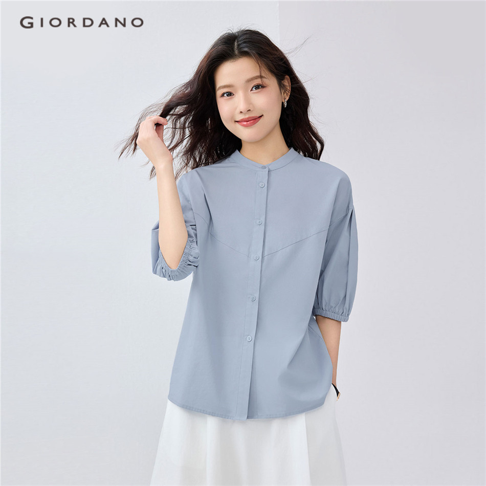 GIORDANO WOMEN 100% Cotton mandarin collar elbow puff sleeve shirt 13345311