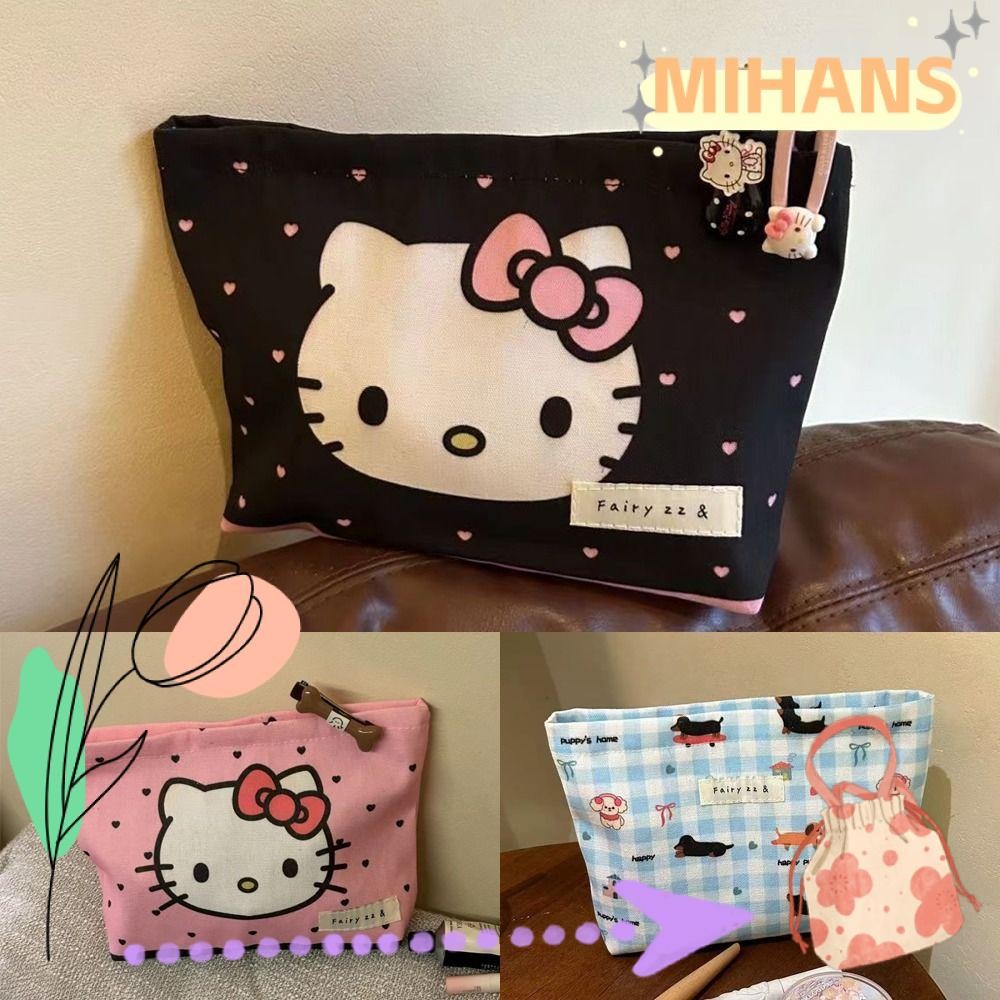 มิห์ กระเป๋าเครื่องสําอางลายการ์ตูน,กระเป๋าถือผู้หญิงผ้าใบแบบพกพา,กระเป๋าเก็บของพิมพ์แมวคิตตี้ความจุสูง