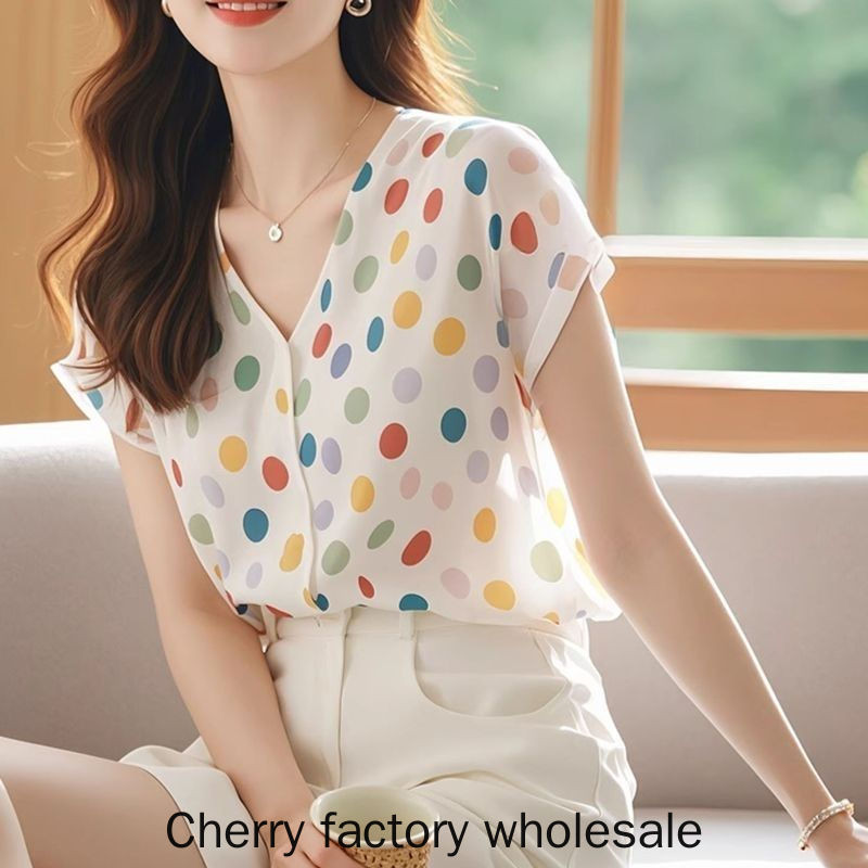 แฟชั่นผู้หญิงเวอร์ชั่นเกาหลีลดอายุสีลายจุดเสื้อแขนสั้นเสื้อผ้าผู้หญิง