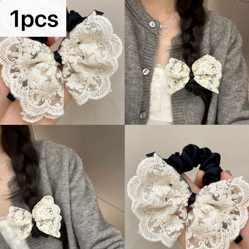 Sweet Bow Lace Double-Layer Hair Tie เวอร์ชั่นเกาหลีแฟชั่นปัก Retro Tempera