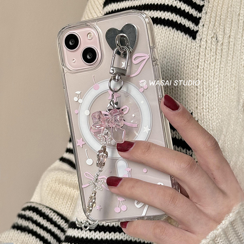 Huiwanju cherry blossom bow จี้แม่เหล็กดูดสําหรับ iphone16 apple 14 โทรศัพท์มือถือกรณี 15promax ใหม่อะคริลิคใส 13/12 ผู้หญิง