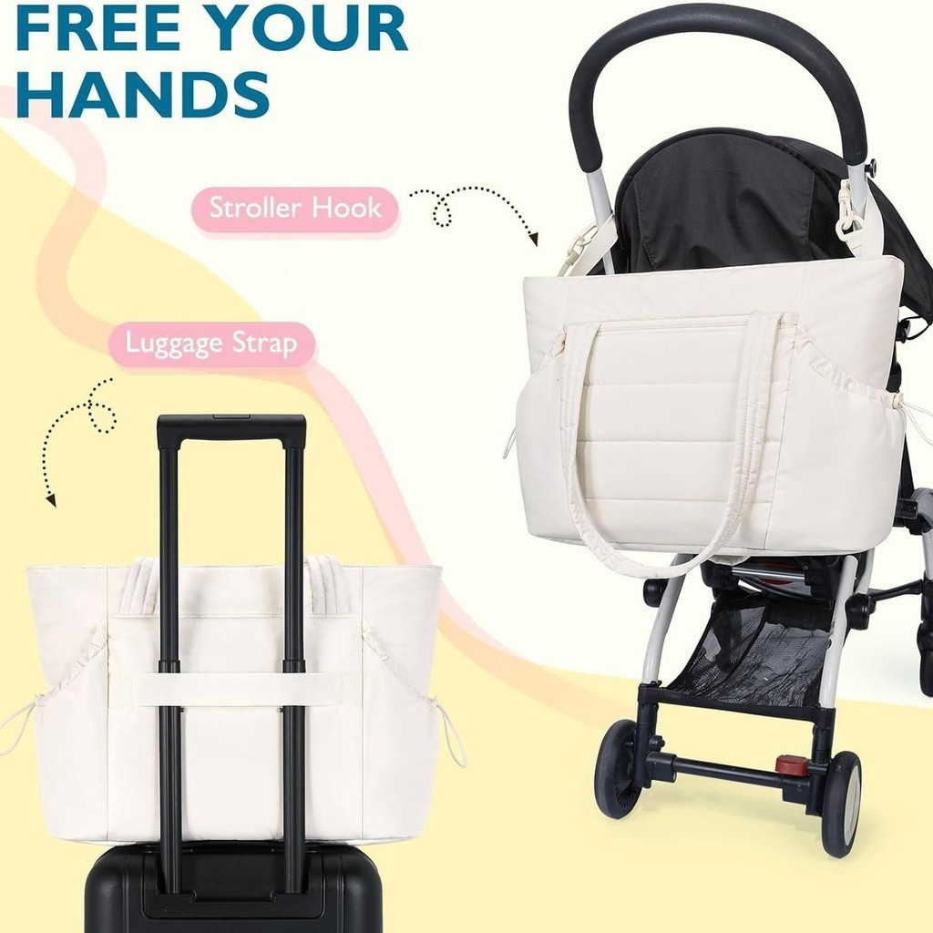 Nokr 2024 กระเป๋าผ้าอ้อมกันน้ําความจุขนาดใหญ่- Baby Tote Organizer พร้อมสายรัดรถเข็นเด็กและกระเป๋าหุ้มฉนวน Travel Hospital Essentials + แผ่นรองเปลี่ยนฟรี