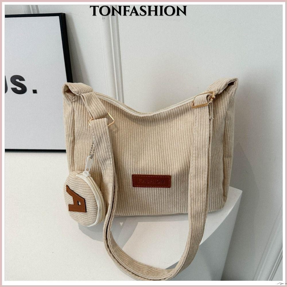 Tonfashion กระเป๋าสะพายไหล่ กระเป๋าถือ ผ้าลูกฟูก ความจุขนาดใหญ่ ทนทาน สําหรับสตรี