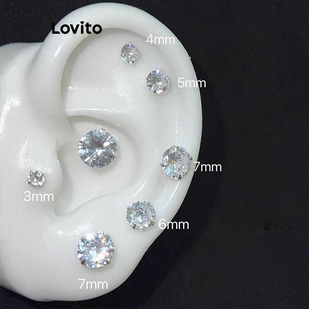 Lovito ต่างหูผู้หญิง เงิน 925 แต่งไรน์สโตน อเนกประสงค์ สำหรับ สีพื้น สไตล์ลำลอง LFA16560