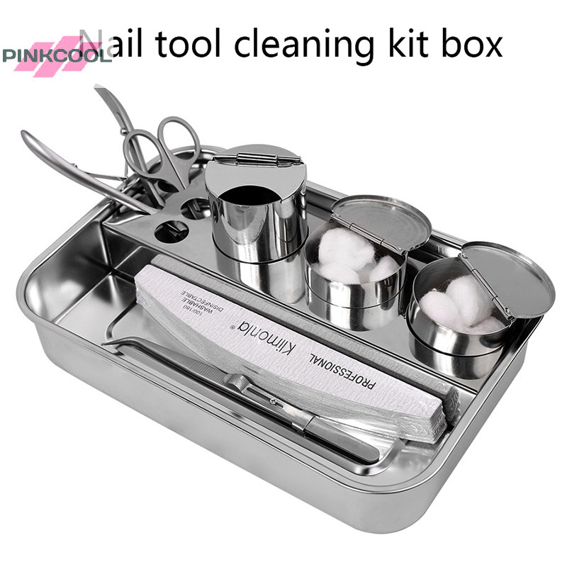 PINKCOOL เครื่องมือทําเล็บชุดจัดเก็บทําความสะอาดกล่องสแตนเลสถาดเก็บเดสก์ท็อปถาดฆ่าเชื้อเล็บอุปกรณ์ร้านทําเล็บร้อน