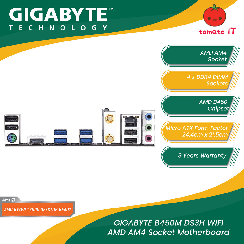 Gigabyte เมนบอร์ดซ็อกเก็ต B450M DS3H WIFI AMD AM4