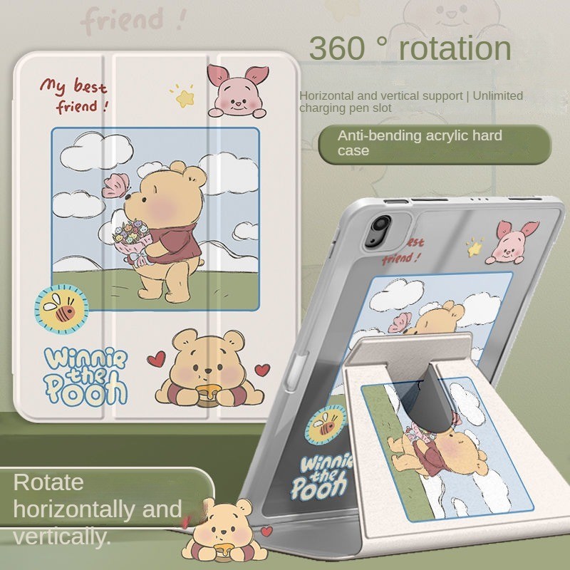 [iPad Air 4] เคสอะคริลิค ลายดอกไม้ หมี วินนี่น่ารัก พร้อมช่องใส่ปากกา 360 สําหรับ iPad Air 5 10.9 Pro 11 10th 9th 8th Gen 7th 10.2 Mini 6 ° เคส iPad หมุนได้