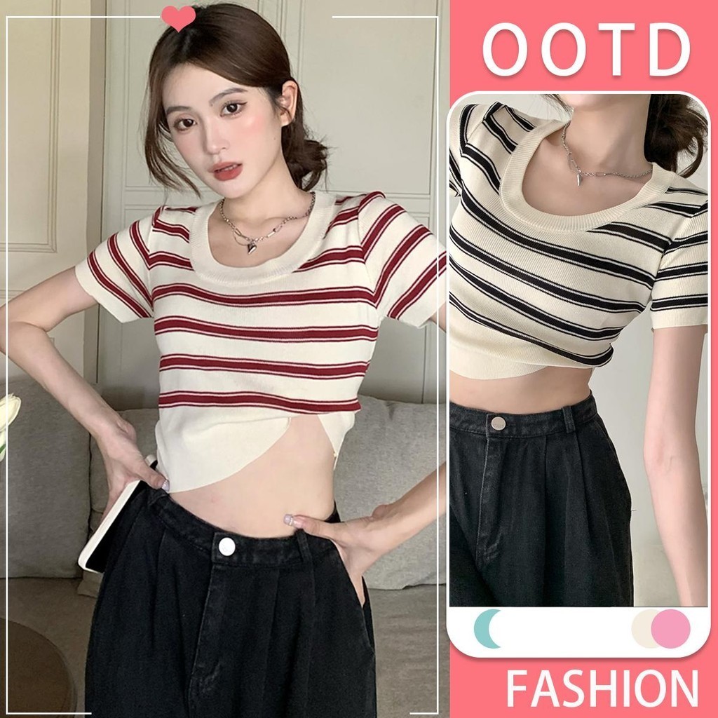 KOKO A456 เสื้อครอปไหมพรมลายทางแฟชั่น สีสวย ผ้านิ่มใส่สบาย สไตล์เกาหลี มีพร้อมส่ง5สี