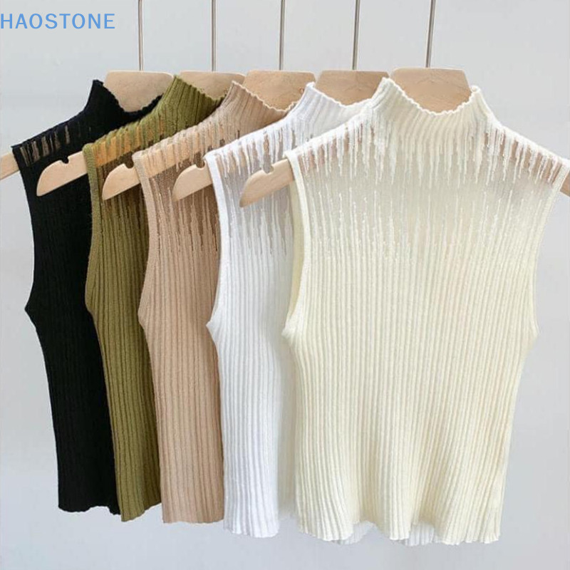 [HSNE] เสื้อแขนกุด คอเต่า ผ้าถักกลวง สีพื้น สไตล์เกาหลี สําหรับผู้หญิง MCL