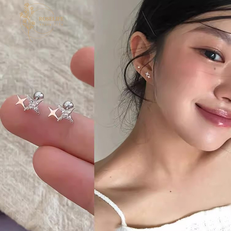Roselife ต่างหูเงิน S925 จี้รูปดาว เรขาคณิต ประดับคริสตัล เครื่องประดับ สําหรับผู้หญิง