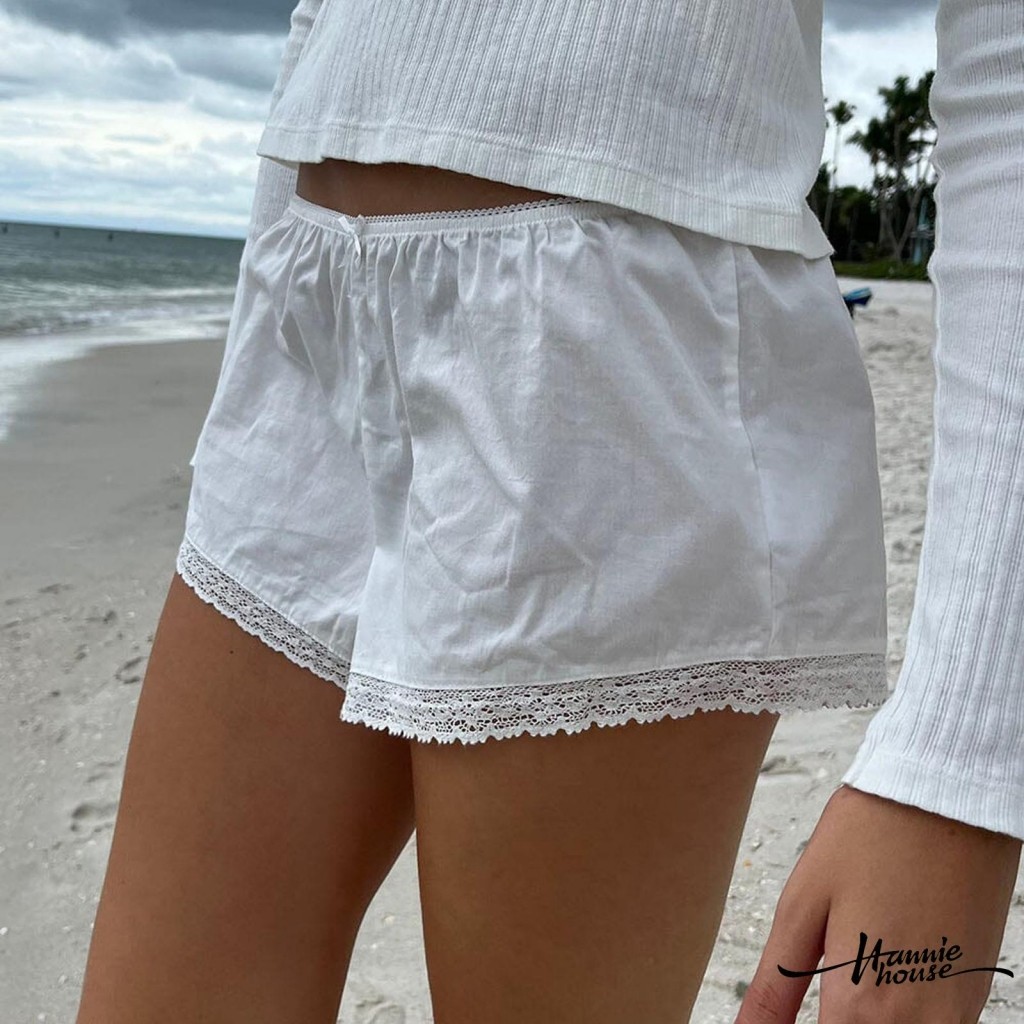 Hannie- กางเกงขาสั้นลําลอง เอวยางยืด แต่งขอบลูกไม้ สีพื้น แฟชั่นฤดูร้อน สําหรับสตรี