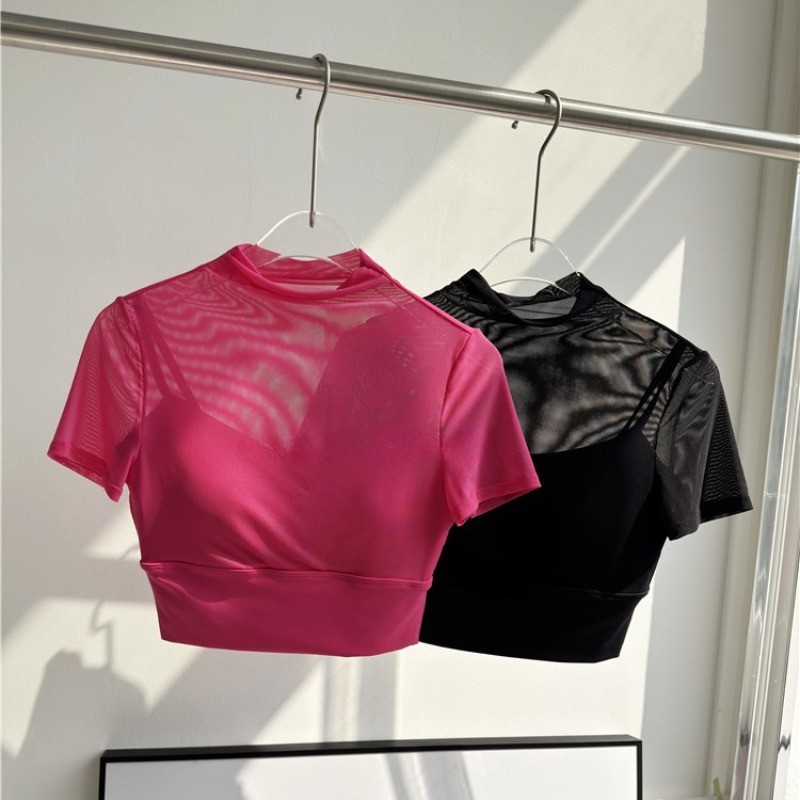 【YOGATRUTH】เสื้อครอปท็อปแขนสั้น ผ้าตาข่าย สุดเซ็กซี่ เสริมฟองน้ํา สําหรับเล่นกีฬา ยิม พิลาทิส