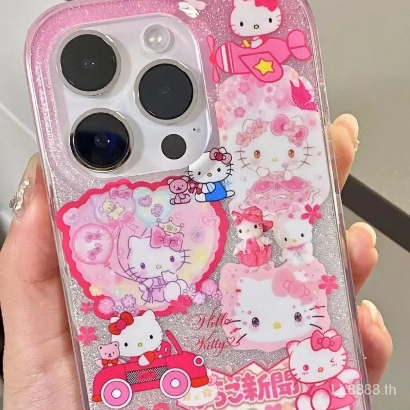 เคสโทรศัพท์มือถือแบบใส กันกระแทก แต่งกลิตเตอร์ ลายแมว KT สีชมพู สําหรับ iPhone 15promax 14 13 12pro 11 xsmax xr 7 8plus YKBP