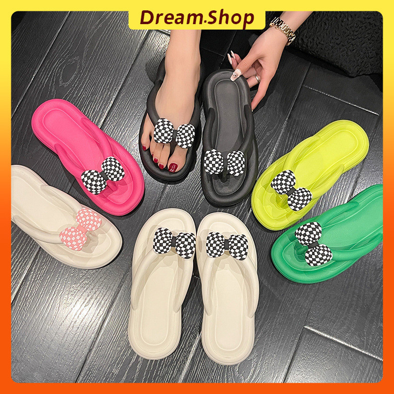 「DR」 รองเท้าแตะ EVA พื้นหนา แบบนิ่ม ประดับโบว์ สีดํา สีขาว เหมาะกับเดินชายหาดกลางแจ้ง ไซซ์ 36-45