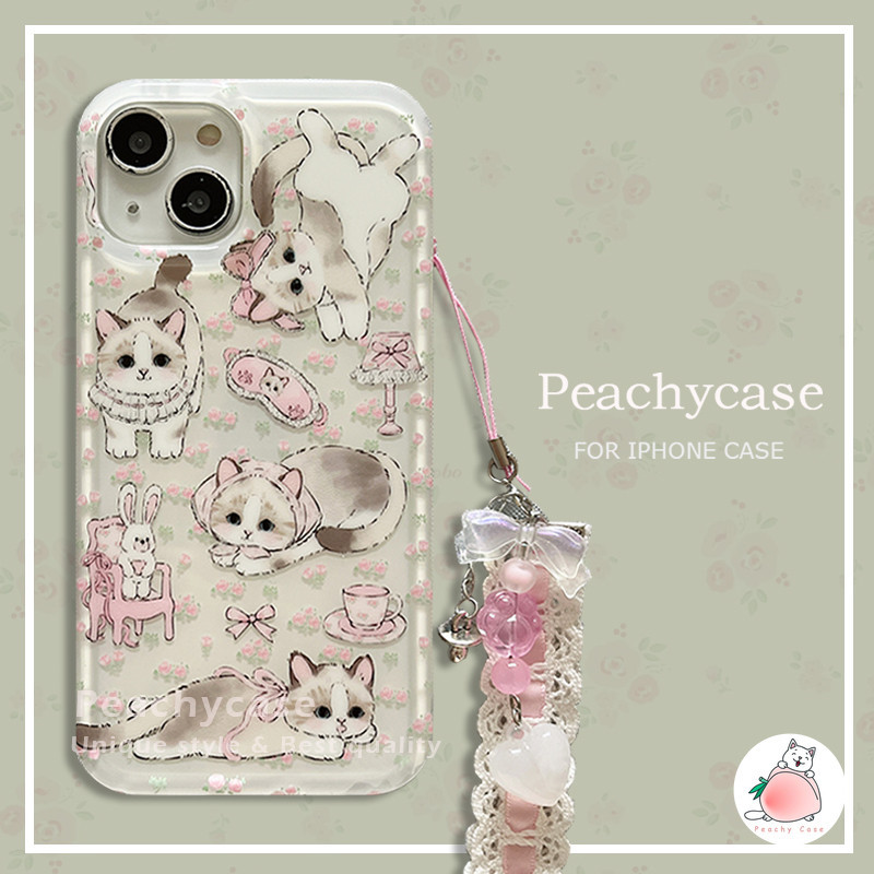 เกาหลีดอกไม ้ สีชมพูดอกไม ้ แมวโทรศัพท ์ สําหรับiPhone 15 14 13 12 Pro Max 11 15promax IMD Bowknot Chainกันกระแทกปกหลังปลอก
