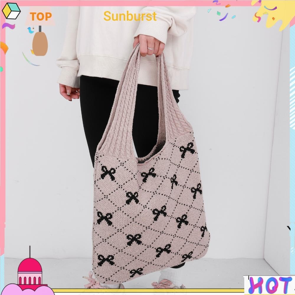 [Sunburst11.th] กระเป๋าถือ กระเป๋าช้อปปิ้ง ถักโครเชต์ พิมพ์ลายโบว์ สําหรับผู้หญิง [Sunburst11.th]