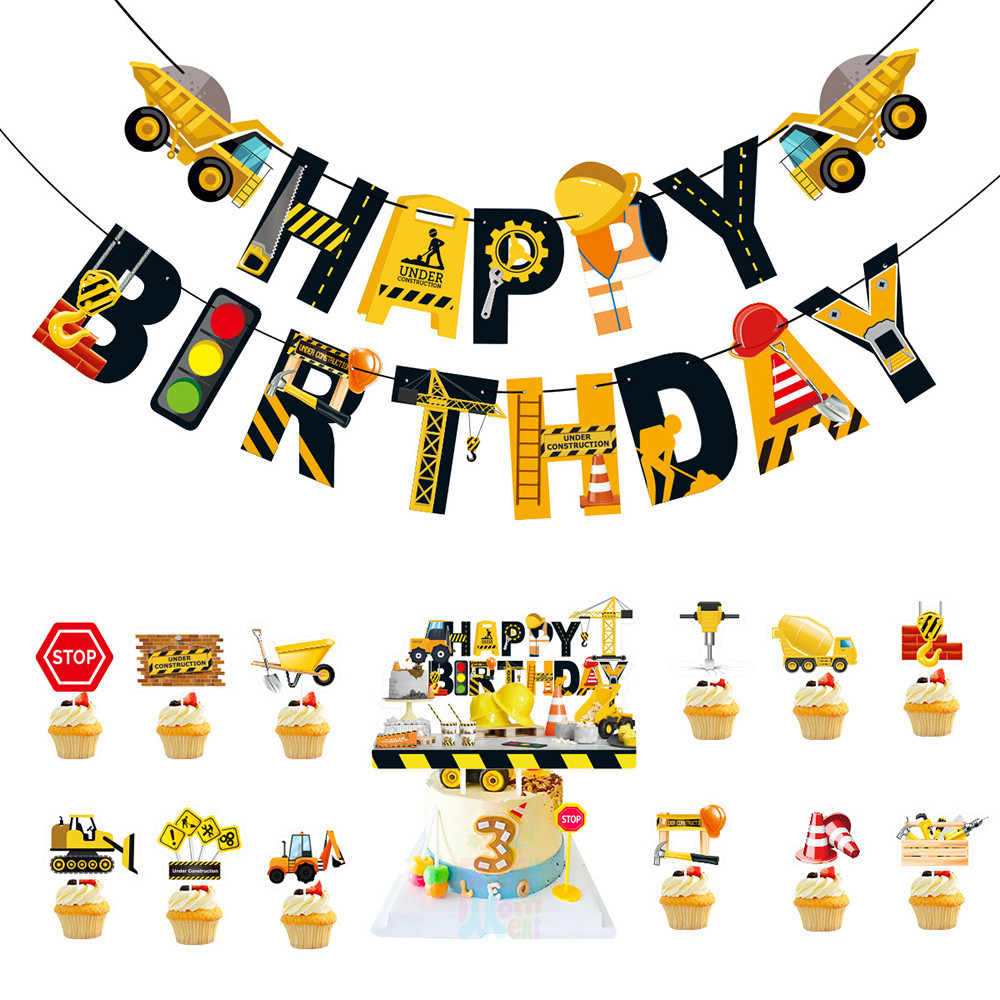 รถบรรทุกก่อสร้างธีมแบนเนอร์วันเกิด 12 ชิ้น Cupcake Topper สำหรับเด็กวันเกิดตกแต่งแบนเนอร์จดหมาย