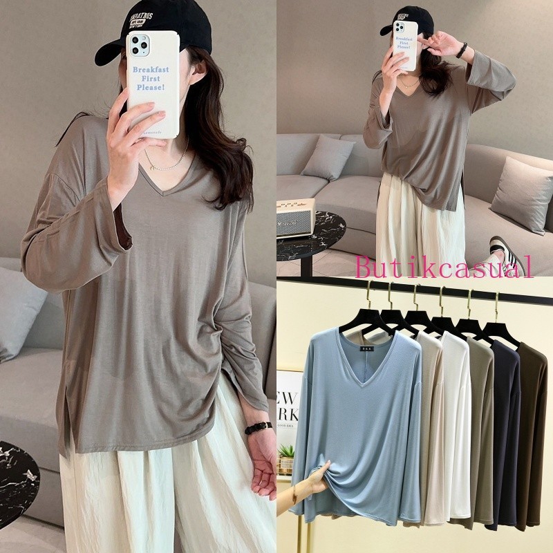 เสื้อยืดลําลอง แขนยาว คอวี ผ้าฝ้าย ทรงหลวม พลัสไซซ์ แฟชั่นฤดูใบไม้ผลิ และฤดูร้อน สําหรับสตรี 2024