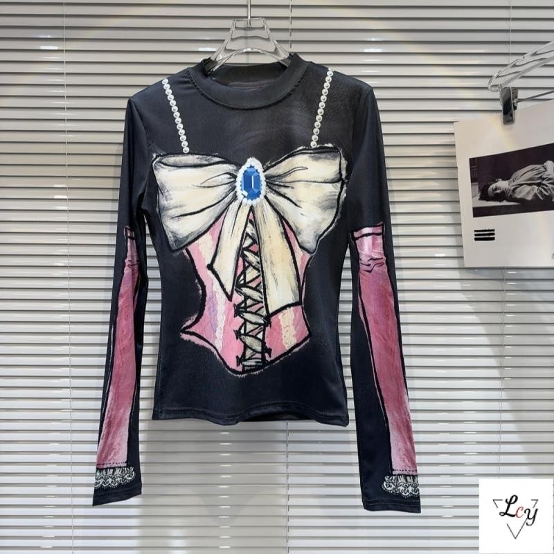 ใหม่ เสื้อยืดแขนยาว เพ้นท์มือ ประดับโบว์ สไตล์มิลเลนเนียม ขนาดใหญ่ เหมาะกับฤดูใบไม้ผลิ สําหรับผู้หญิง 2024 y2k