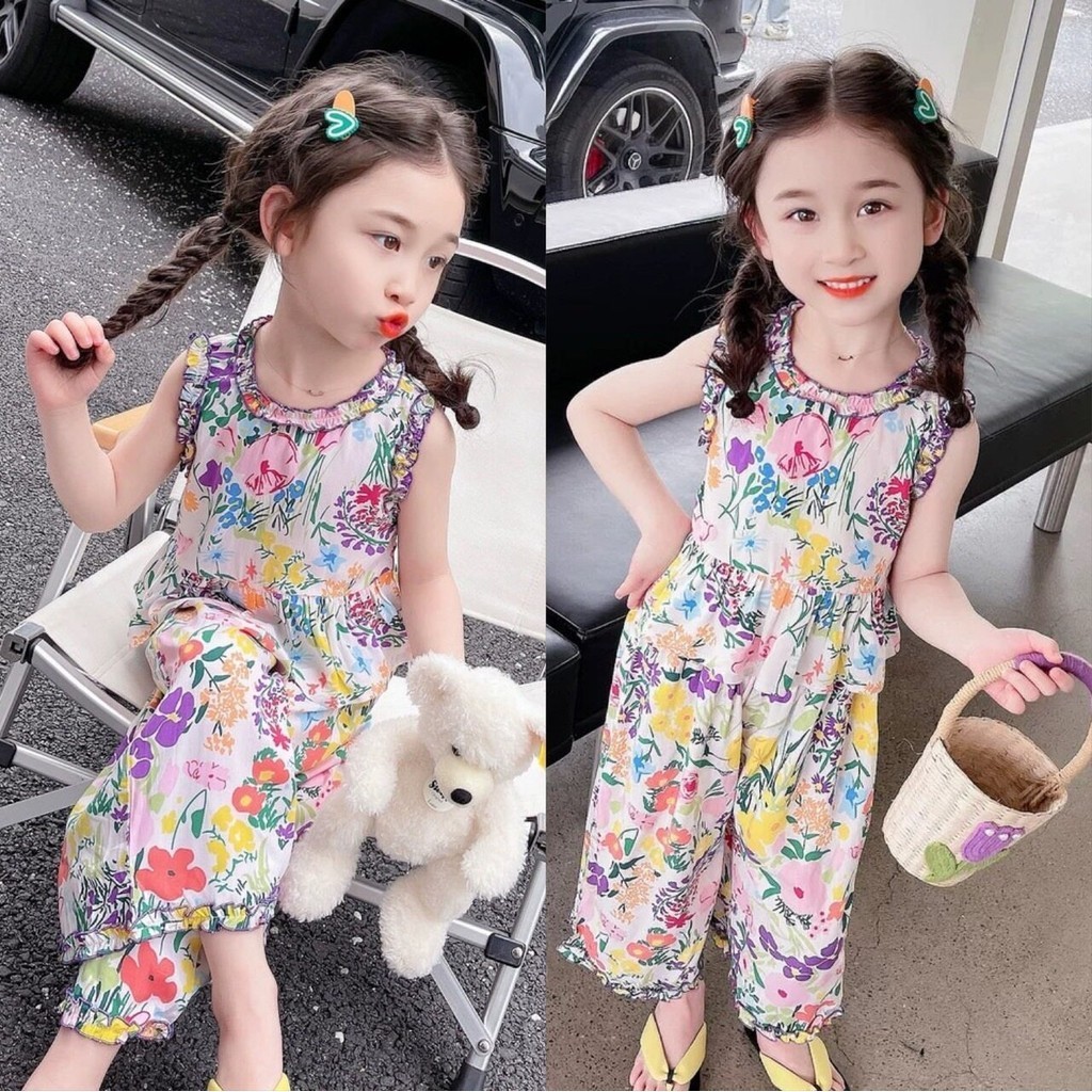 PRETTY BABY พร้อมส่ง ชุดเซ็ทเด็กผู้หญิง เสื้อแขนกุด+กางเกง ลายดอกไม้ (1141)
