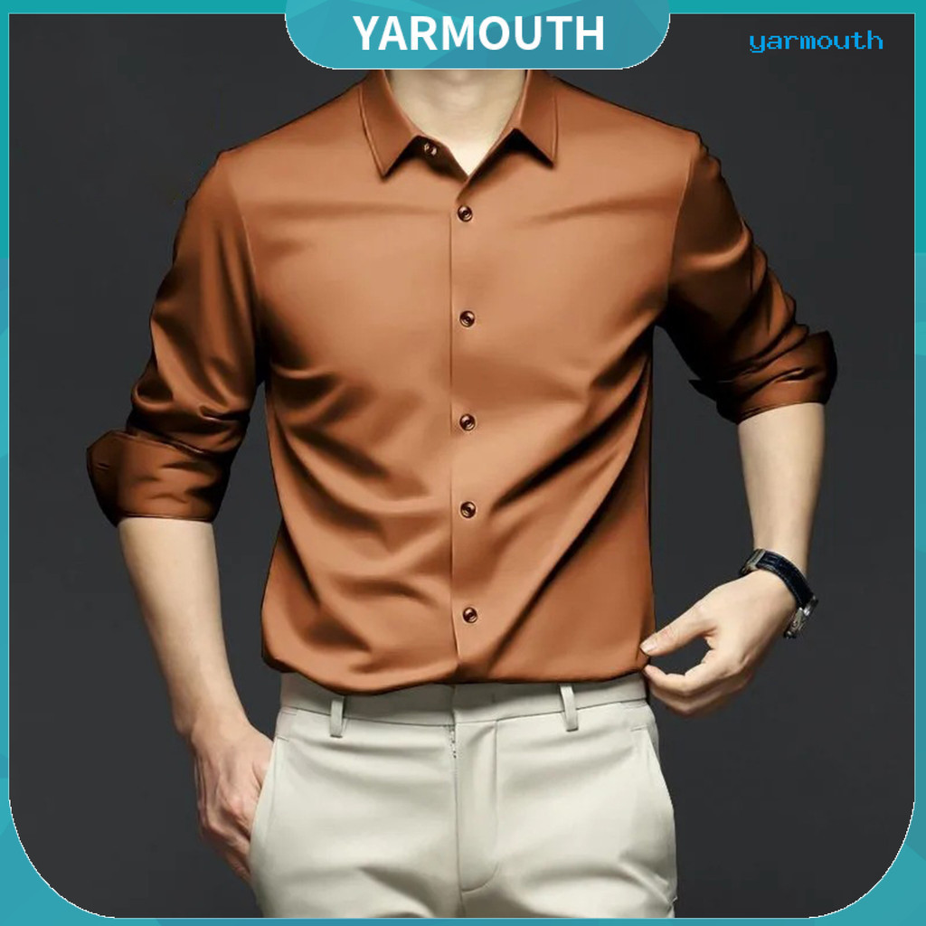 Yyr--เสื้อคาร์ดิแกนแขนยาวลําลอง ผ้าซาติน คอปก แต่งกระดุมแถวเดียว เข้ารูป ระบายอากาศ สีพื้น แฟชั่นฤดูใบไม้ผลิ สไตล์นักธุรกิจ สําหรับผู้ชาย