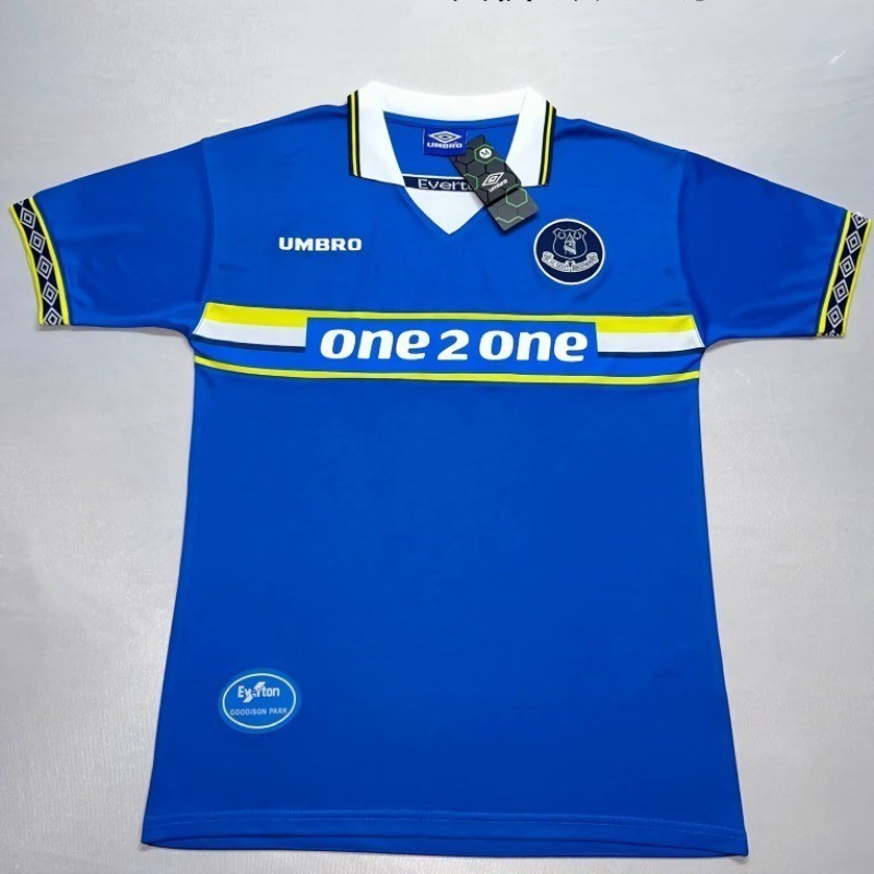 เสื้อกีฬาแขนสั้น ลายทีมชาติฟุตบอล Everton 1997-99 Everton ชุดเหย้า สีฟ้า สไตล์วินเทจ แห้งเร็ว ไซซ์ S-XXL สําหรับผู้ชาย