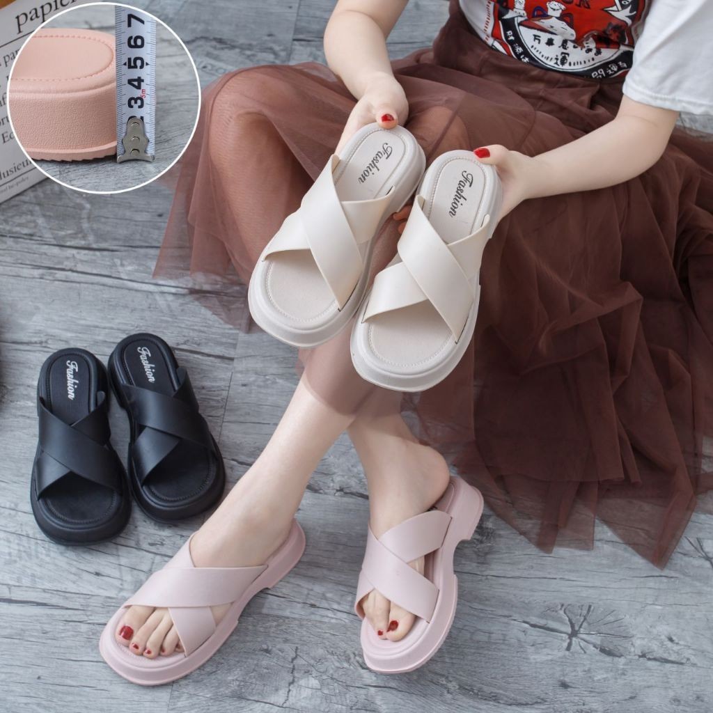 11.11 PUNCAK RUMAH168 SF57 รองเท้าแตะส้นเตารีดลําลองผู้หญิง, รองเท้าแตะส้นเตารีดยางเยลลี่