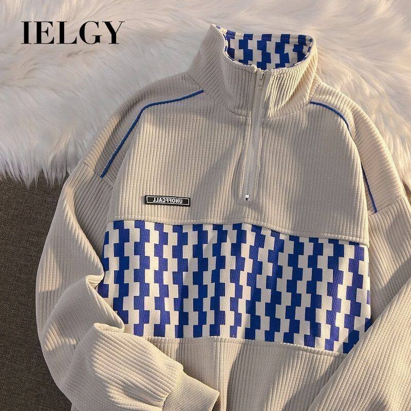 IELGY American Style Retro Waffled Zipper Polo Collar Mens Sweatshirt Checkerboard Jacket