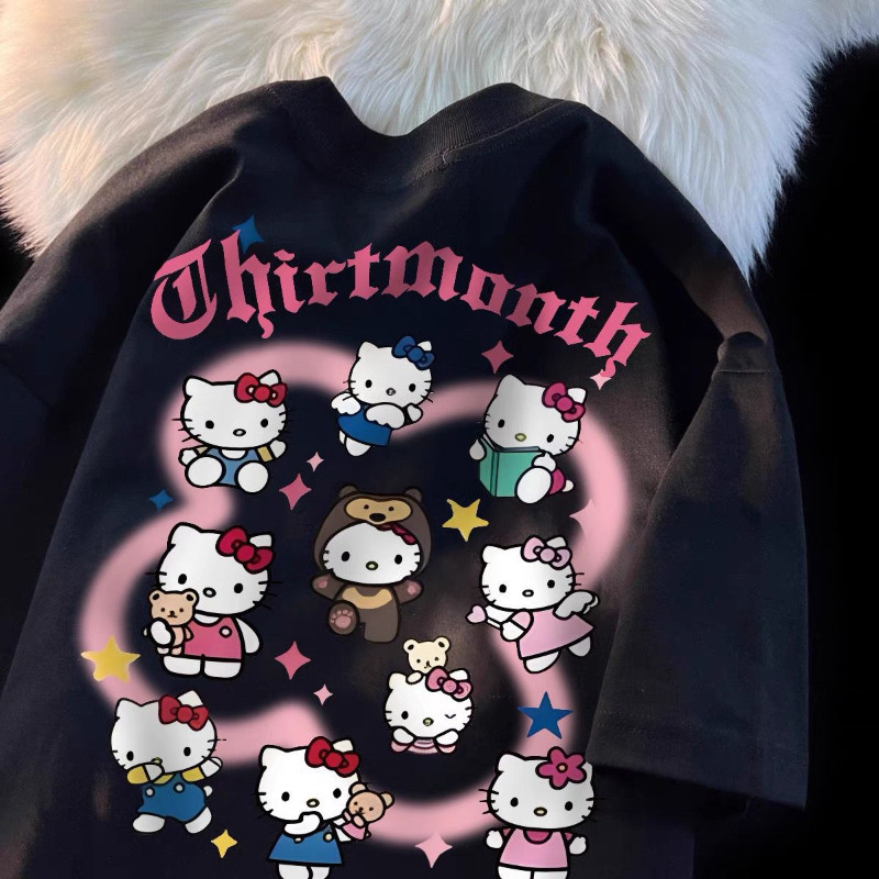 【Polyester】เสื้อยืดคอกลม แขนสั้น พิมพ์ลายคิตตี้ ทรงหลวม สไตล์เกาหลี เรโทร อเนกประสงค์ ฤดูร้อน สําหรับผู้หญิง