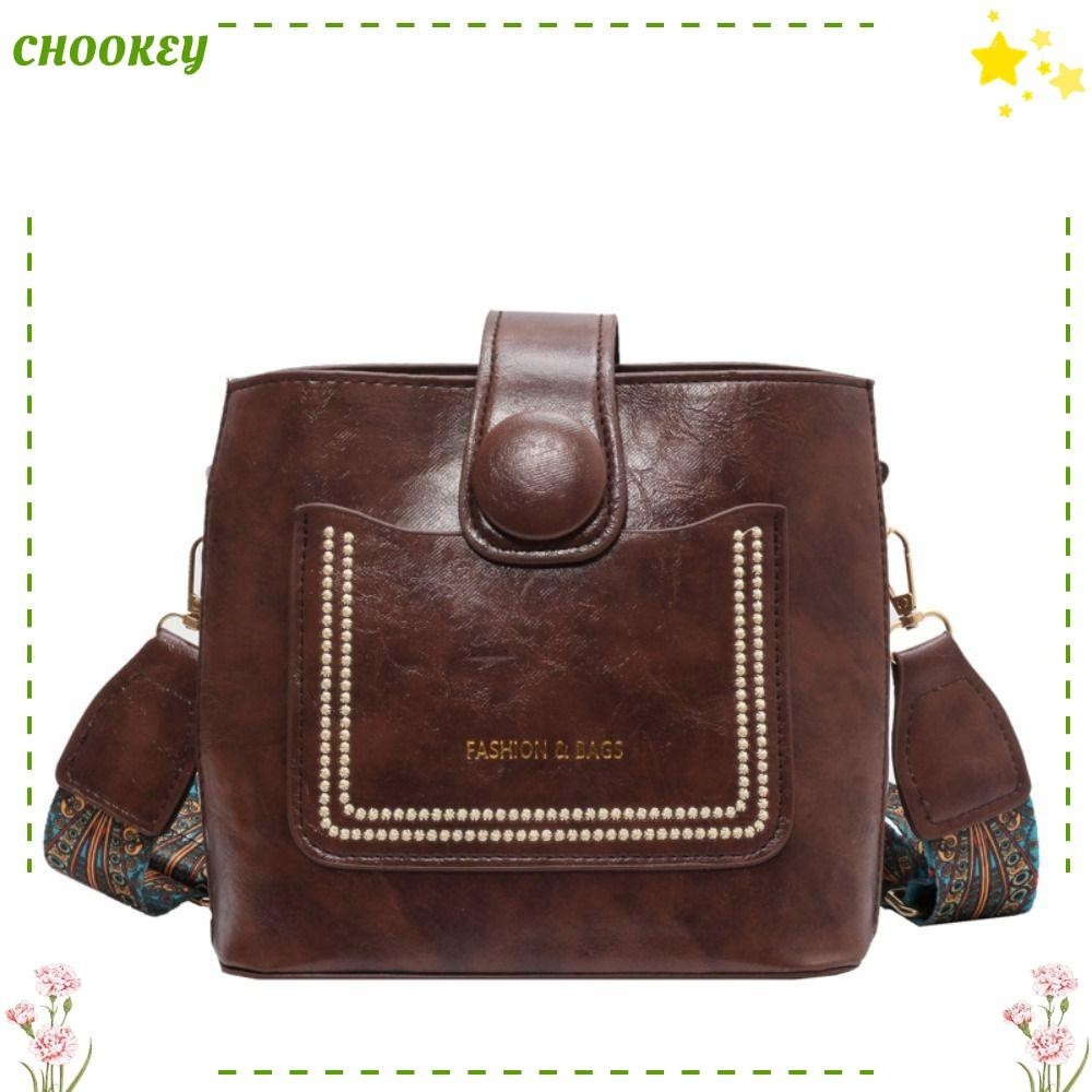 Chookey กระเป๋าสะพายไหล่ สะพายข้าง หนัง PU สไตล์วินเทจ พร้อมสายคล้องกว้าง สําหรับผู้หญิง
