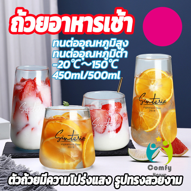 Comfy 450ml/500ml Glass Cup ถ้วยชานม ถ้วยอาหารเช้า ทนต่ออุณหภูมิ และความเย็น -20℃～150℃