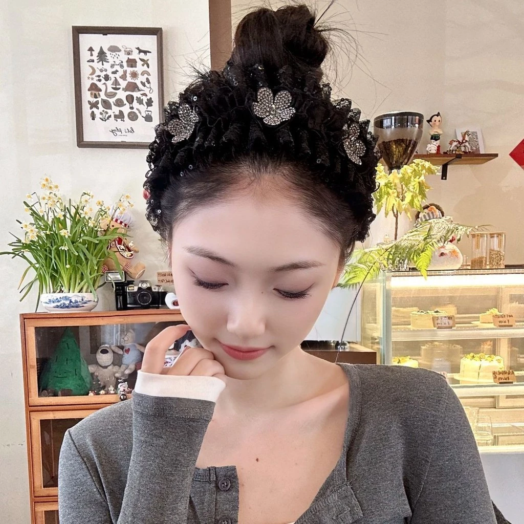 ที่คาดผมผ้ากอซแต่งลูกไม้ประดับโบว์เพชร สไตล์เกาหลี thumbnail 3