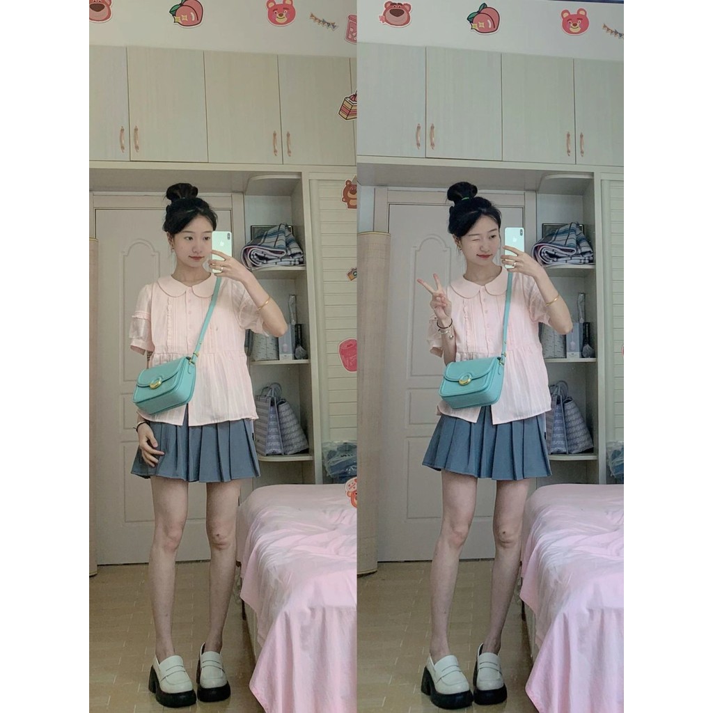 French Sweet Youthful Doll Collar Short Sleeve Shirt for Women Summer Petite Bust Style Pink Blouse Top Trendy - รูปที่ 5