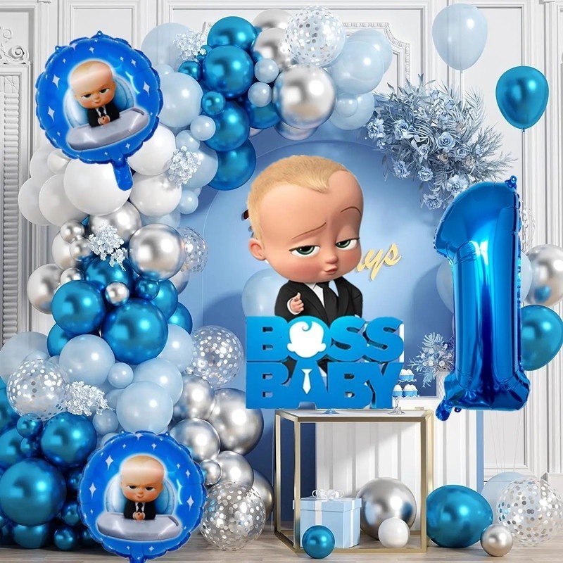 90 ชิ้น/เซ็ต Boss Baby Theme สีฟ้าสีขาว Latex บอลลูน Garland Arch ชุด Baby Boss ฟอยล์บอลลูนสําหรับจํานวน 1-9 เด็กวันเกิด Party ตกแต่ง