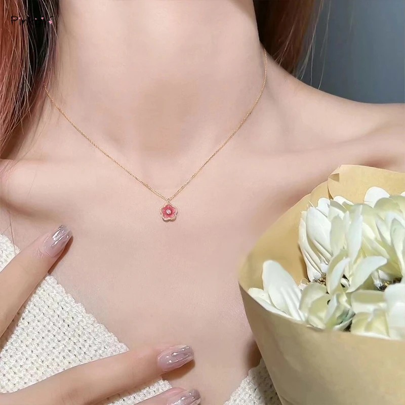 เครื่องประดับ สร้อยคอโซ่ จี้รูปดอกพีช ประดับเพทาย สีชมพู แบบเรียบง่าย แฟชั่นสําหรับสตรี
