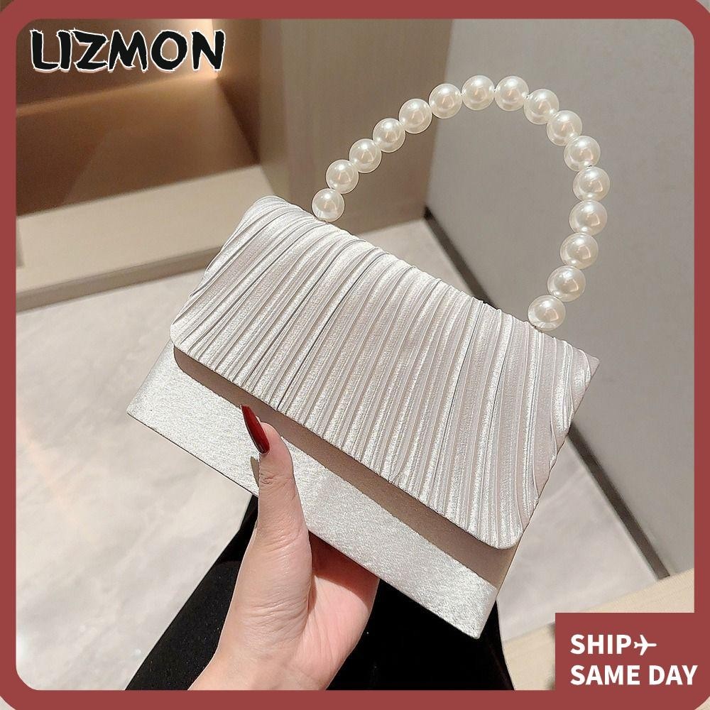 Lizmon กระเป๋าสะพายไหล่ ผ้าไหม แต่งสายโซ่ ประดับไข่มุก สีทอง แฟชั่นสําหรับสตรี