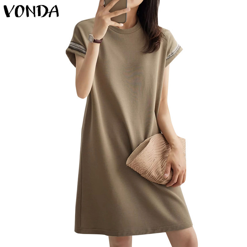 Vonda ชุดเดรสลําลอง คอกลม แขนสั้น ริบบิ้น สไตล์เกาหลี สําหรับผู้หญิง