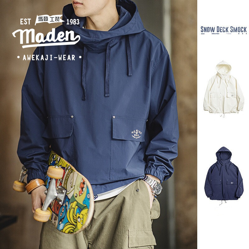 Maden เสื้อกันหนาว มีฮู้ด กันลม สไตล์เรโทร อเมริกัน ฤดูใบไม้ผลิ สําหรับผู้ชาย 2024