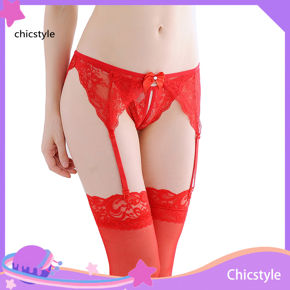 Chicstyle ผู้หญิง เซ็กซี่ สีพื้น ลูกไม้ โบ คลิป ถุงเท้า สายรัด สําหรับถุงน่อง
