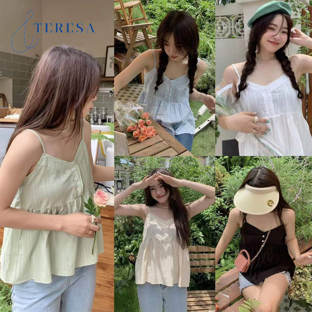 เสื้อสายเดี่ยวผู้หญิง สีพื้น มีกระดุม สไตล์เกาหลี
