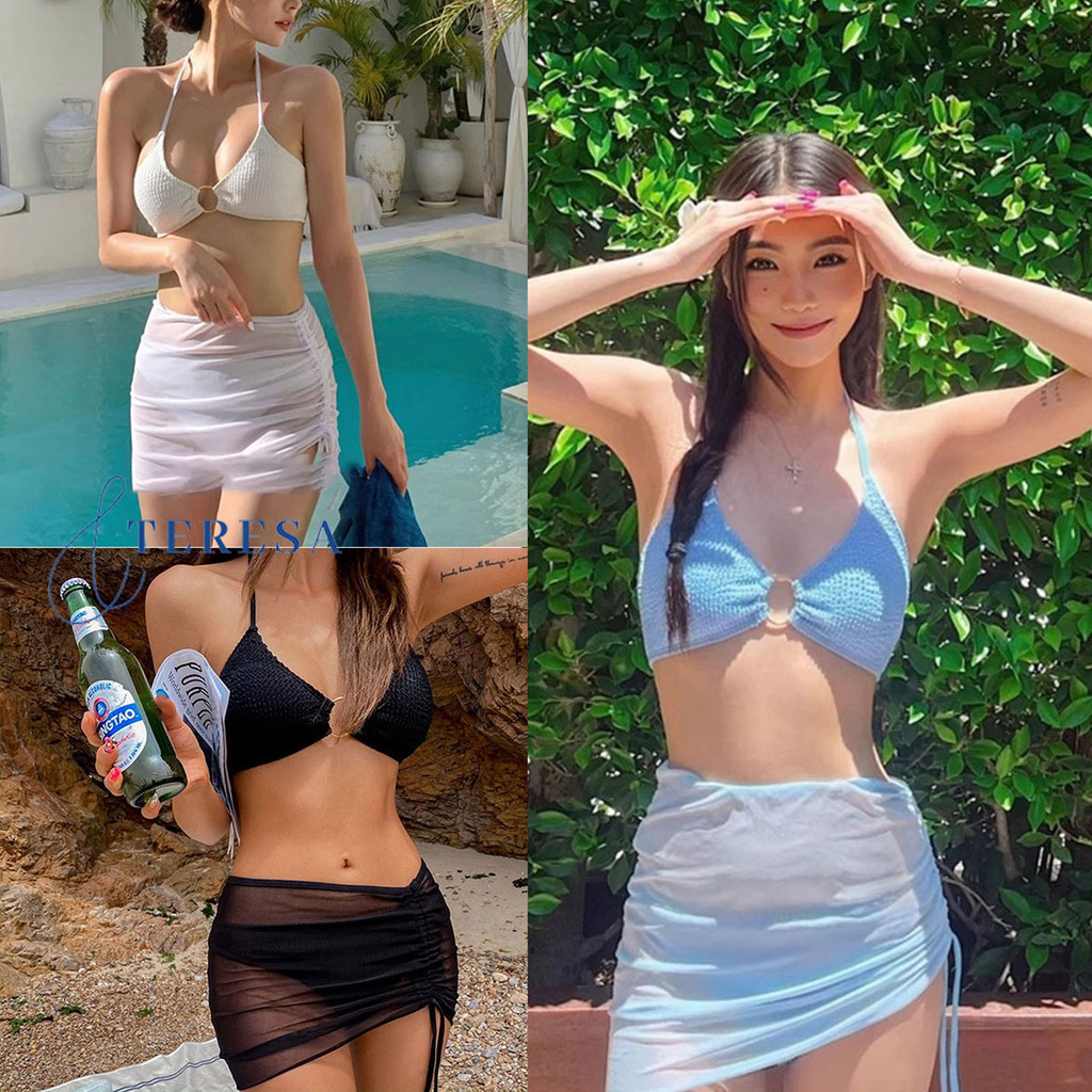 ชุดว่ายน้ำเซ็ต3ชิ้น บิกินี่ พร้อมกระโปรงผ้าย่น บราสามเหลี่ยมแต่งจิว สไตล์เกาหลี