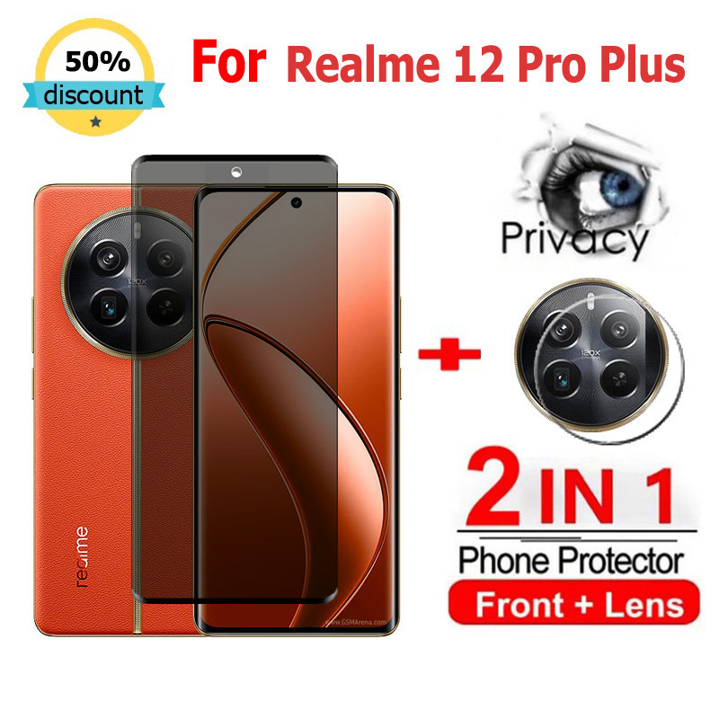 2 in 1 ฟิล์ม Realme 12 Pro Plus ฟิล์มกระจกนิรภัยกันรอยหน้าจอ กันแอบมอง เพื่อความเป็นส่วนตัว สําหรับ Realme 12 10T 9i 11 10 Pro+ 5G C67 C51 C55 C53 Note 50 Narzo 50 5G ฟิล์มกันรอย ฟิล์มกล้อง