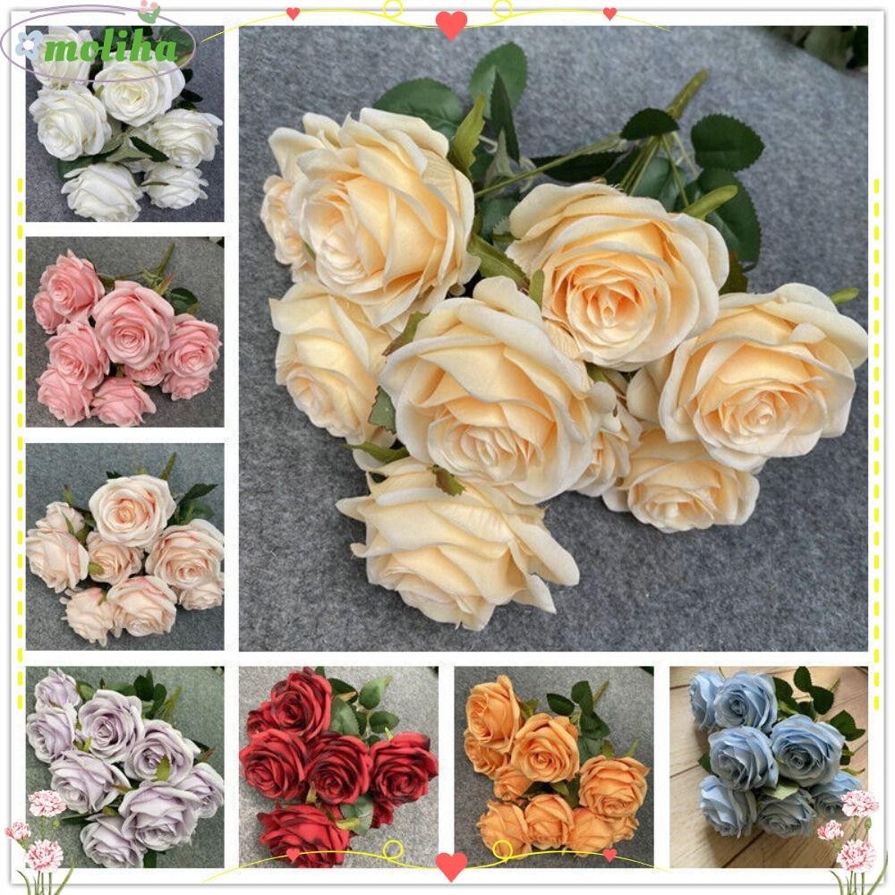 Moliha ดอกไม้ปลอม ผ้าไหม 9 ดอก หลากสี สไตล์วินเทจ สําหรับตกแต่งบ้าน งานแต่งงาน ปาร์ตี้