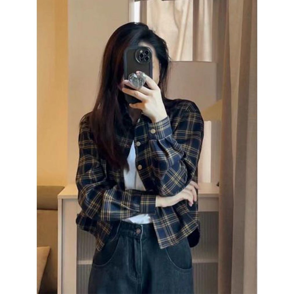 แปรงย้อนยุคเสื้อลายสก๊อตผู้หญิงแจ็คเก็ตสั้นด้านในสวมใส่ด้านนอกฤดูใบไม้ผลิฤดูใบไม้ร่วง 2024 ร้อนขายแขนยาวเสื้อระดับไฮเอนด์