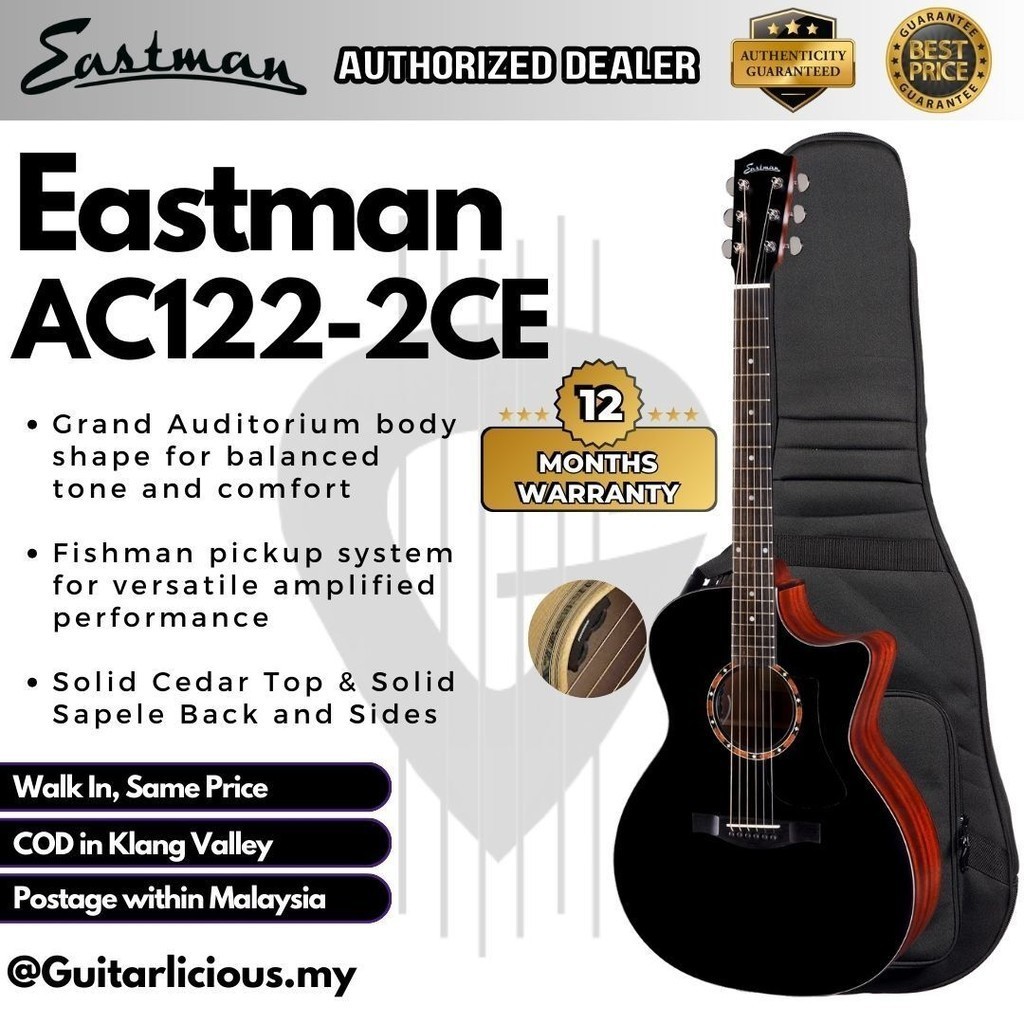 Eastman AC122-2CE Grand Auditorium กีตาร์ไฟฟ้าอะคูสติกพร้อม Fishman Sonitone - สีดํา ( AC1222CE-BK /