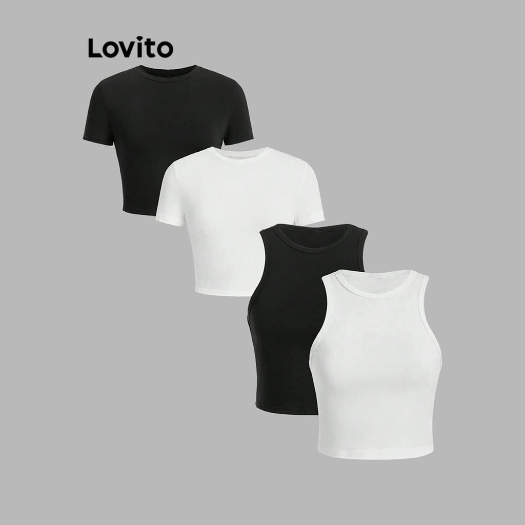 Lovito เสื้อครอปผู้หญิง เบสิก สีพื้น สไตล์ลำลอง L80ED368