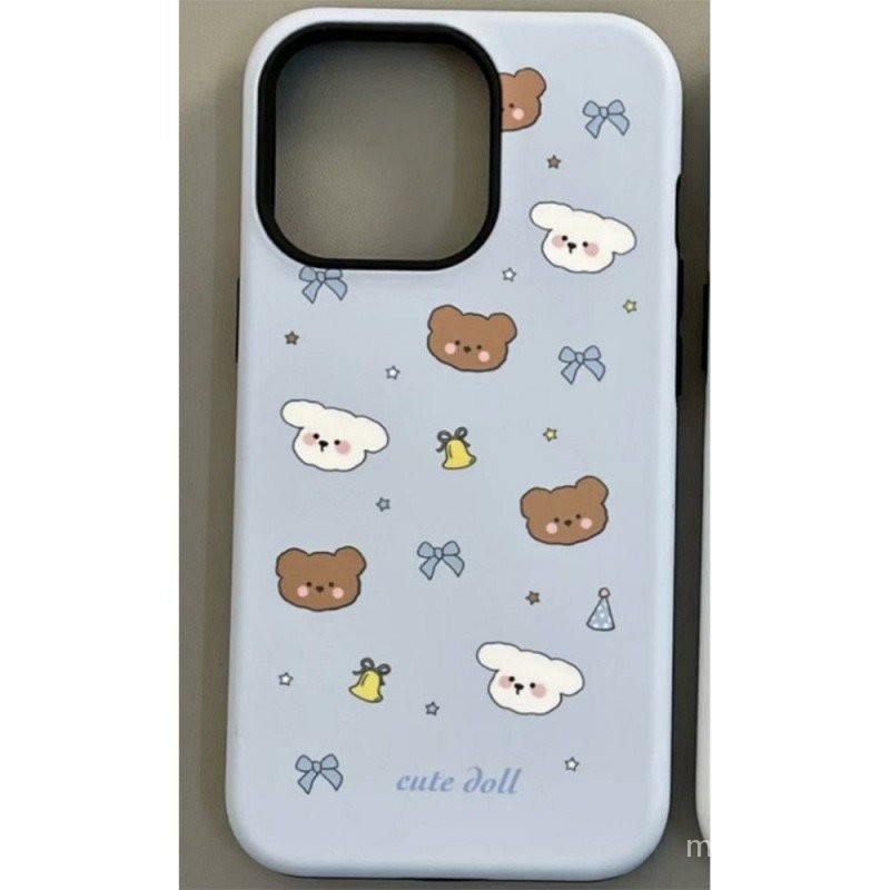 เคสโทรศัพท์มือถือ กันกระแทก สองชั้น ลายการ์ตูนหมีผีเสื้อ สีฟ้า สําหรับ iPhone11 12 13 14pro 15 14 13promax 11