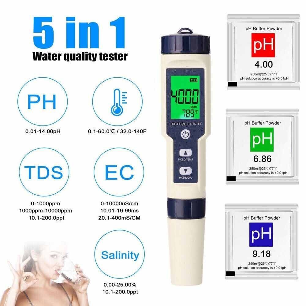 5 in 1 PH Meter TDS EC Salinity Temperature Digital Water Quality Monitor Tester