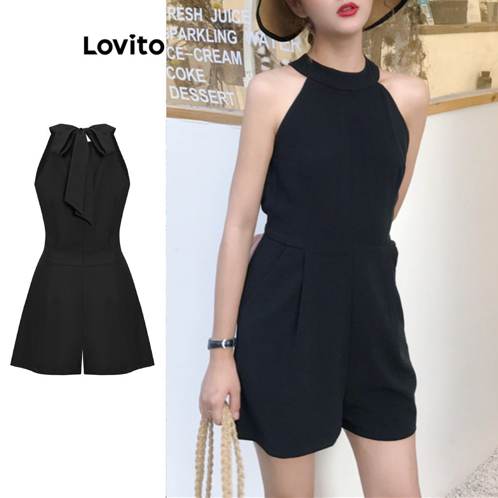 Lovito จั๊มสูทผู้หญิง แต่งจีบ สีพื้น สไตล์หรูหรา L80ED474