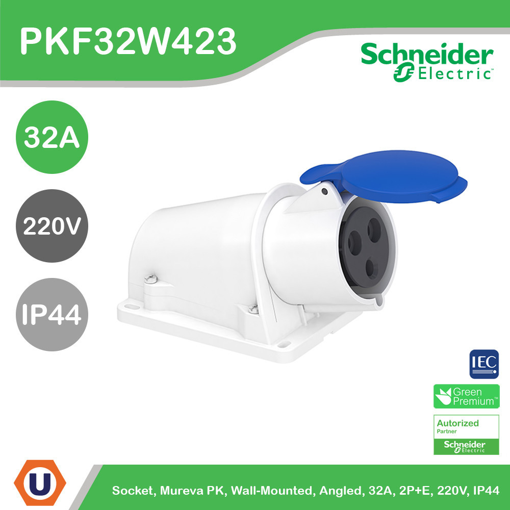 Schneider Socket, Mureva PK, wall-mounted, angled, 32A, 2P+E, 220V, IP44 l PKF32W423 สั่งซื้อได้ที่ร้าน Ucanbuys